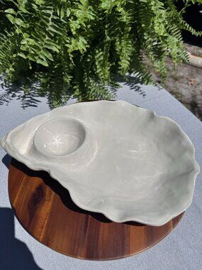 Beatriz Ball Vida Ocean Oyster 13" Chip&Dip, White Ceramic Oyster Shell Dish